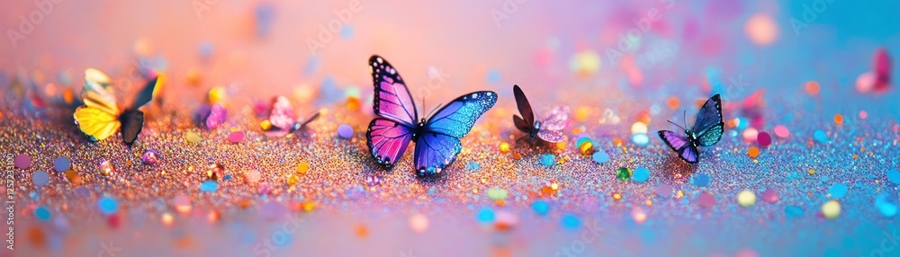 Poster butterflies resting on sparkling glittering surface with pastel background colors