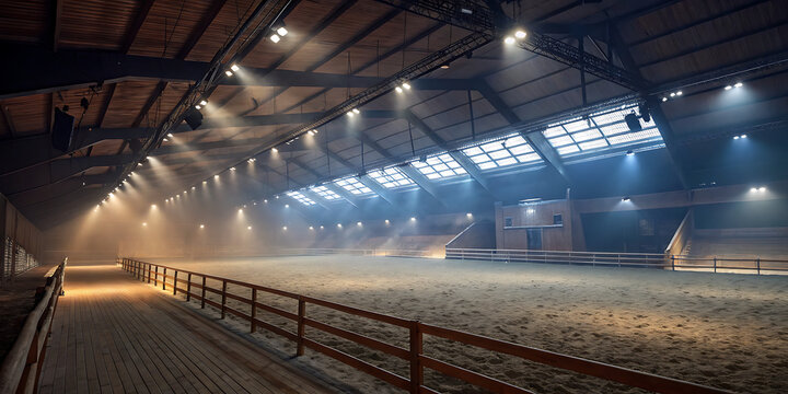 Empty indoor horse riding arena with dramatic lighting, large wooden structure, sunbeams, and dusty, moody ambiance
