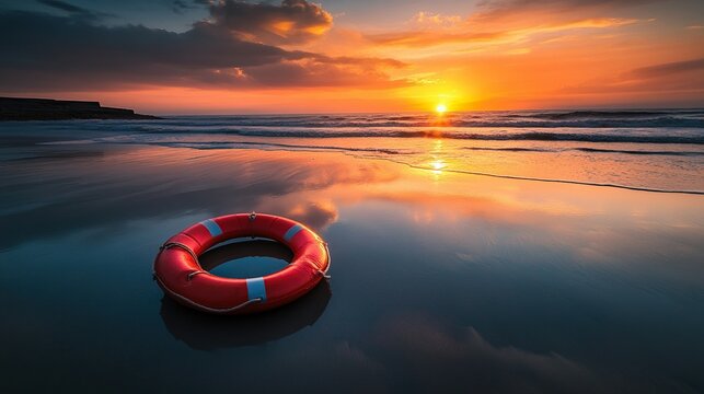 Life preserver on beach during sunset