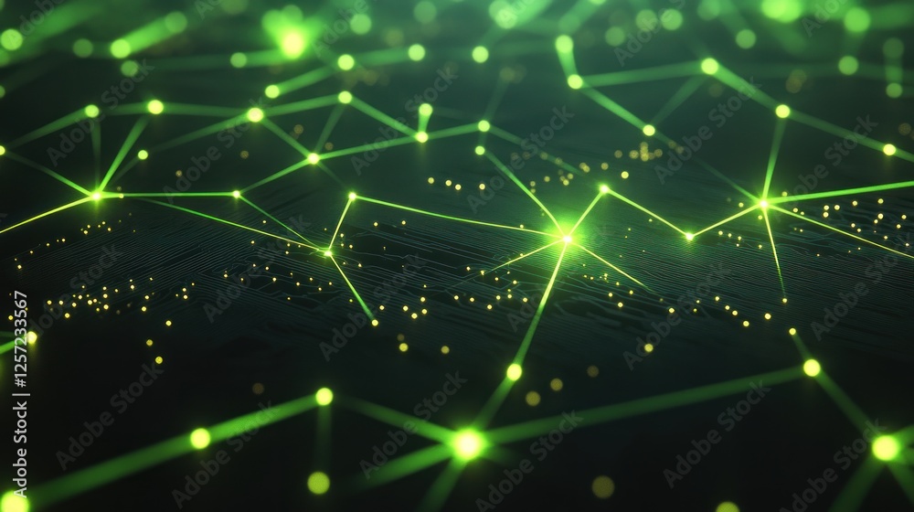 Aufkleber Glowing green network nodes connected by lines on a circuit board