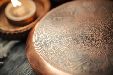 Muted shine highlights the intricate filigree detailing on brushed copper.