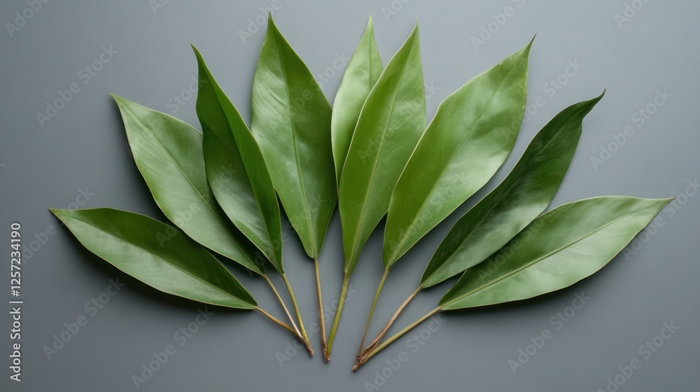 Poster green leaves are arranged in a semi circular pattern