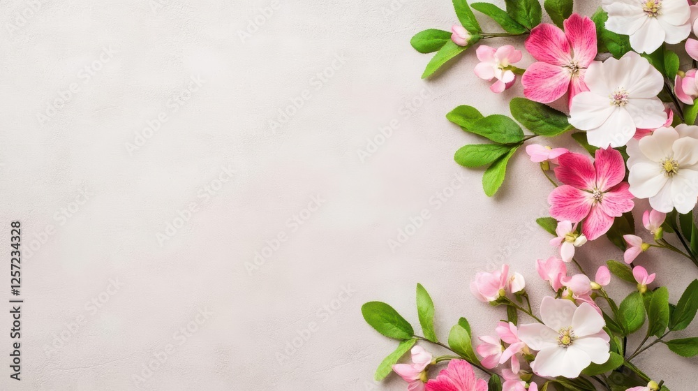 Poster pink flowers arranged on a simple gray background creating a minimalist floral composition
