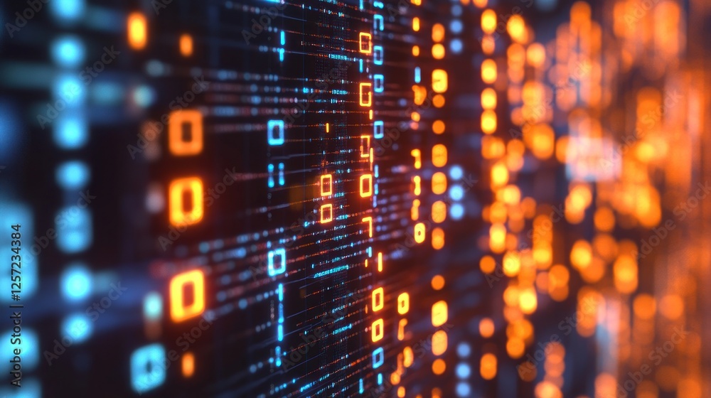 Poster Binary code streams glow in blue and orange digital space
