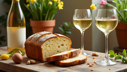 Easter celebration with freshly baked bread and white wine in a spring setting