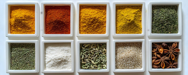 Colorful spices in bowls, kitchen flatlay