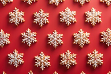 Pattern of snowflake shaped Christmas cookies flat laid against vibrant red background