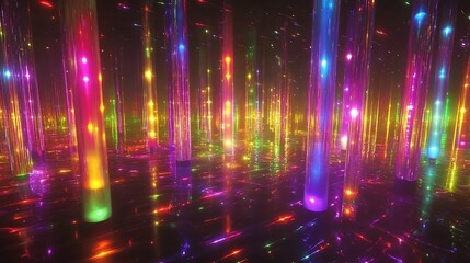 Obraz premium Neon Lightscape: A Psychedelic Journey Through a Rainbow Forest of Glowing Pillars
