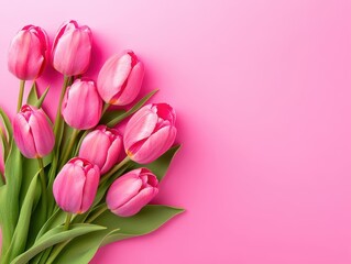 Obraz premium Pink tulips arranged on a soft pink background for a delicate floral composition