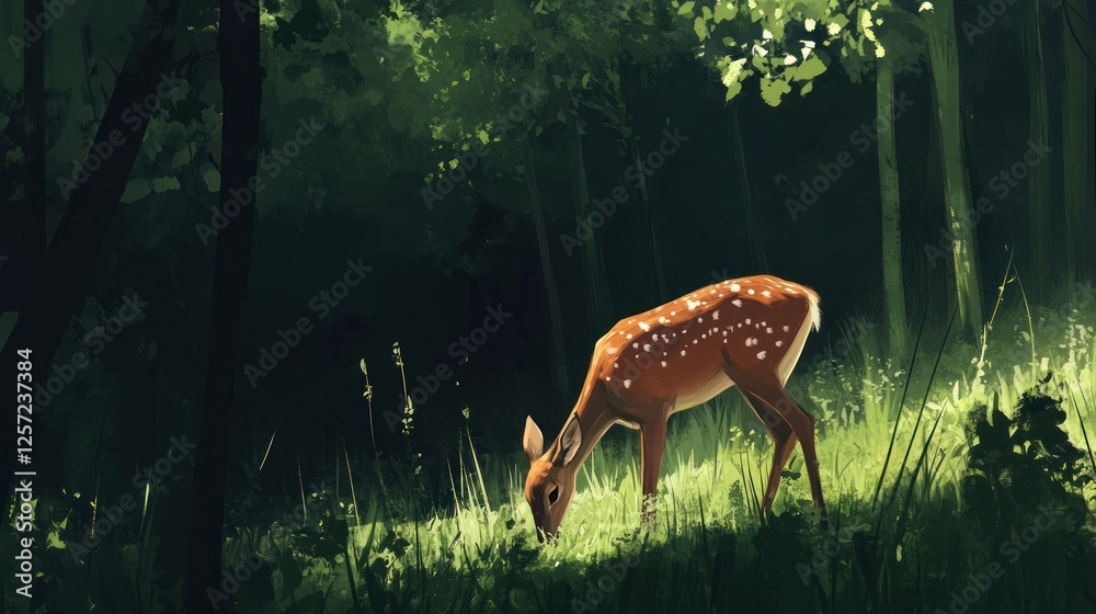 Poster deer grazes in the forest illuminated by sunlight filtering through trees