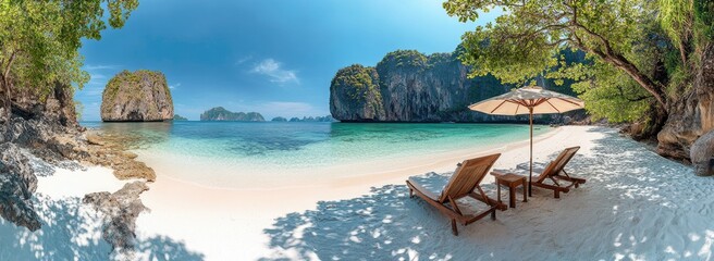 Tropical beach chairs under umbrella, turquoise water, limestone cliffs background