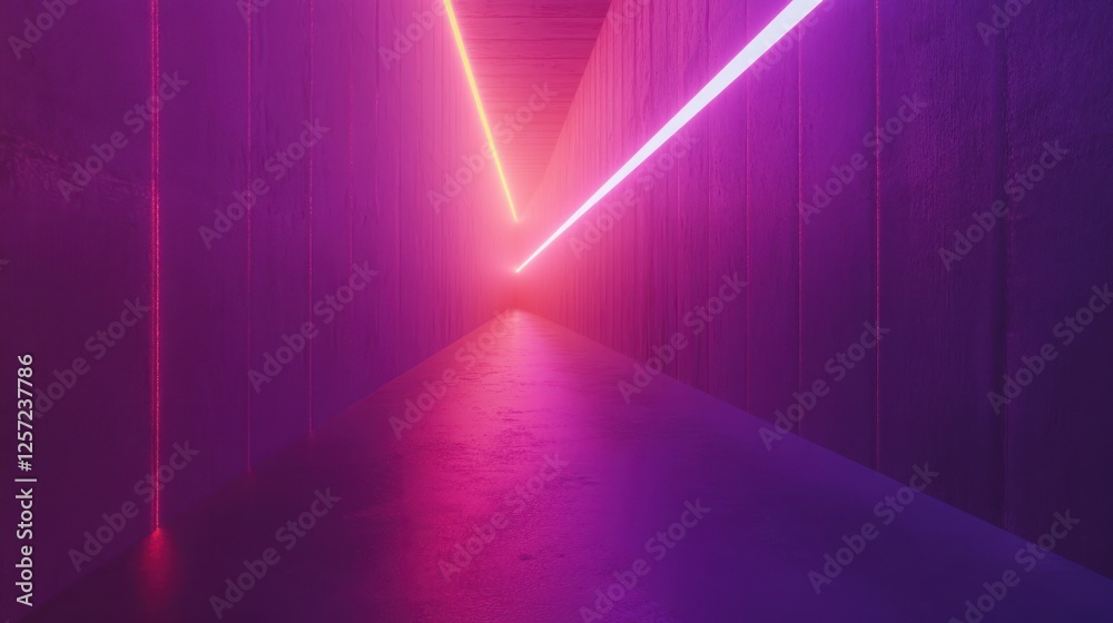 Poster neon lasers form a striking path through a concrete corridor