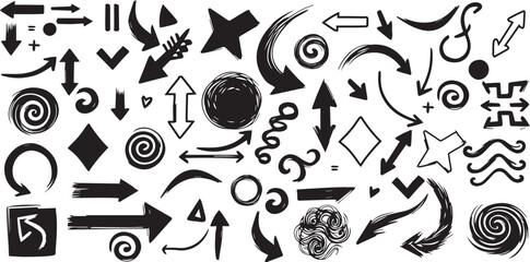 Set of black hand drawn grunge doodle spiral and curved charcoal, chalk arrows, circle, frame, abstract shapes. Scribble symbols of direction pointers, swirl arrow elements for infographic design