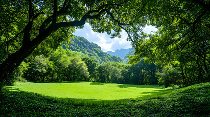 Lush green meadow, mountains backdrop, summer day, nature peace