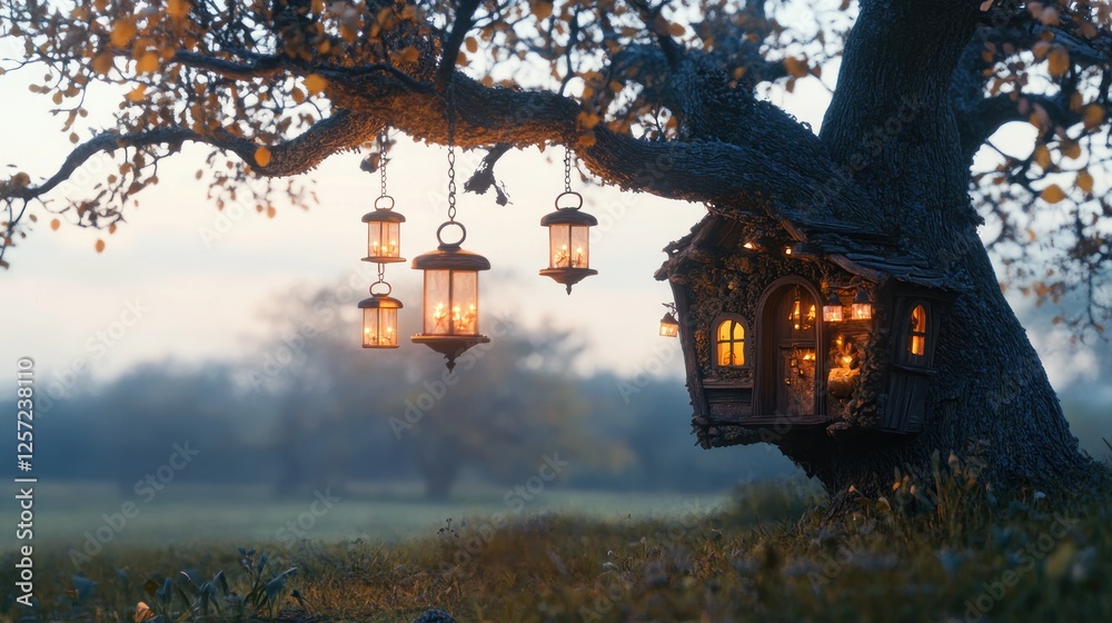 Poster magical treehouse glows warmly illuminated by hanging lanterns at dusk