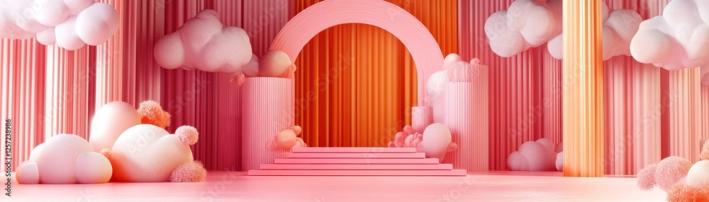 Poster pink whimsical scene featuring clouds arch stairs and columns