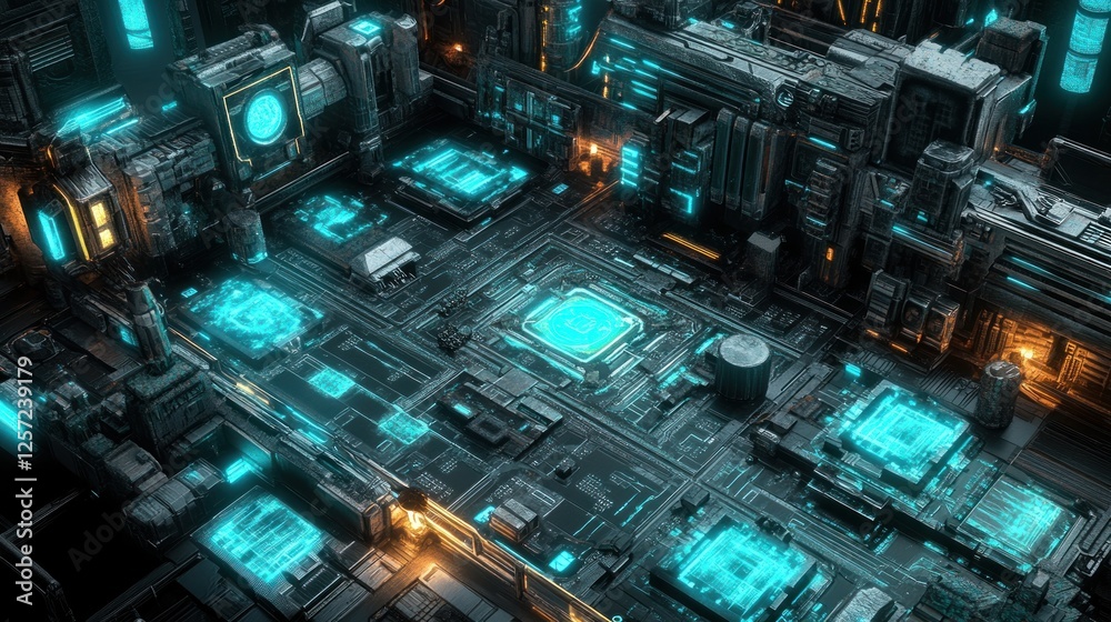 Poster Complex futuristic cityscape featuring intricate circuit board like architecture
