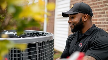 technician working on air conditioning or heat pump outdoor unit