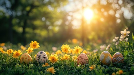 Colorful Easter eggs arranged on vibrant grass surrounded by blooming flowers during sunset