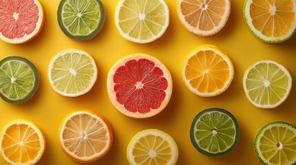 Assorted Citrus Fruit Slices on Bright Yellow Background, Flat Lay