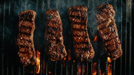 top view of the grill, juicy steaks are fried on the grill