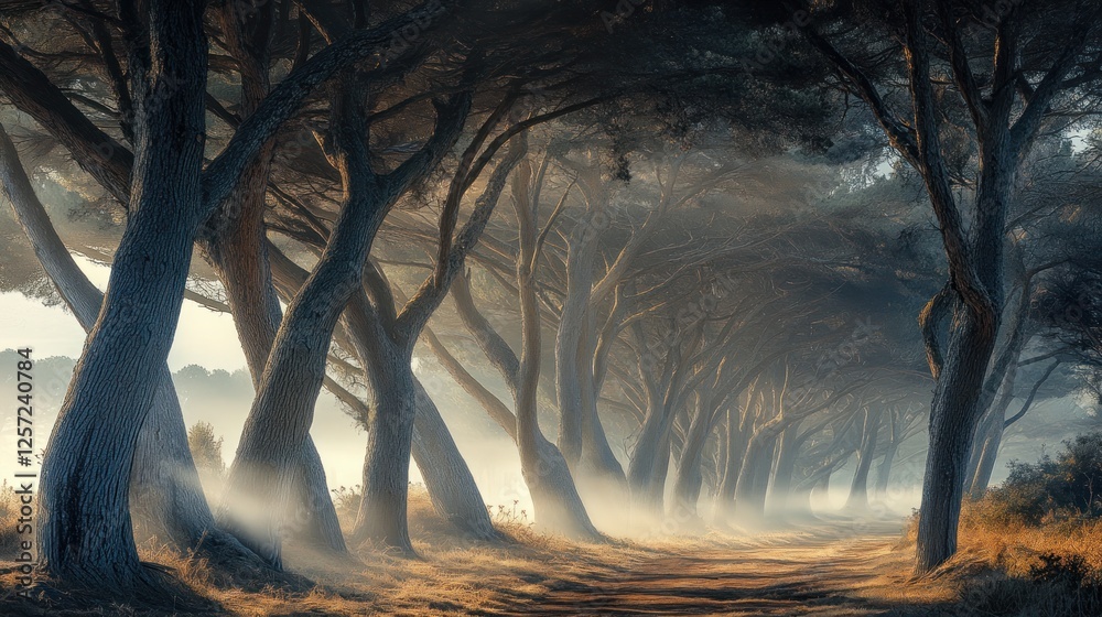 Poster Trees line a misty path in an atmospheric forest