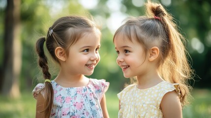 two little girls friends spend time together in the park