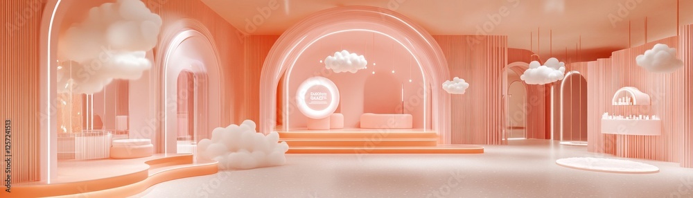 Poster soft pink room featuring arches platforms and floating clouds