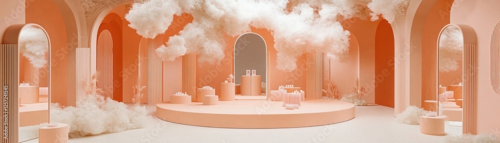 Aufkleber dreamy peach architectural space with fluffy clouds and display podiums