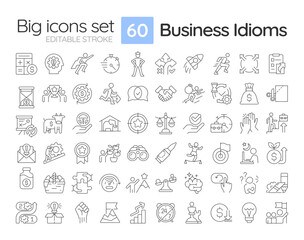 Business idioms linear icons set. Goal achieving. Team work, partnership. Corporate structure, company. Customizable thin line symbols. Isolated vector outline illustrations. Editable stroke