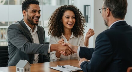 Couple handshake mortgage officer worker, accept bank loan terms and rates feel satisfied. Make financial deal, take credit, buying insurance cover, receive professional consult, sign contract concept