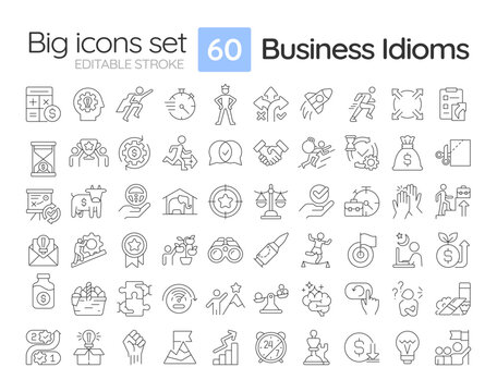 Business idioms linear icons set. Goal achieving. Team work, partnership. Corporate structure, company. Customizable thin line symbols. Isolated vector outline illustrations. Editable stroke