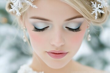 Winter wonderland bridal makeup look featuring icy blue eyeshadow and delicate snowflake hair accessories.
