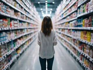 Woman exploring aisles of a fully stocked supermarket