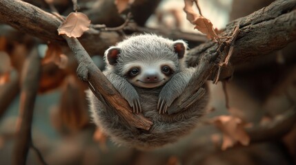 Adorable baby sloth hanging on tree branch looking happy