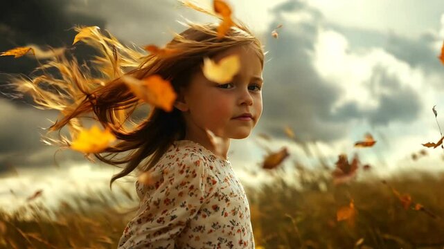A young girl stands in a golden field as the wind carries autumn leaves around her, her flowing hair illuminated by soft sunlight. Her expression, a mix of curiosity and wonder