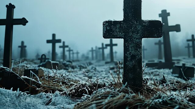 A haunting, misty graveyard scene featuring snow-covered crosses and a quiet, eerie atmosphere in a cold winter landscape.