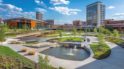 Beautiful urban park landscape with modern buildings in the background