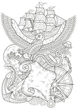 Line art vector illustration with ship, gull and navigation devices. Zentangle style art with boho patterns. Hand drawn sketch for antistress, coloring page for children and adults, decoration, cards