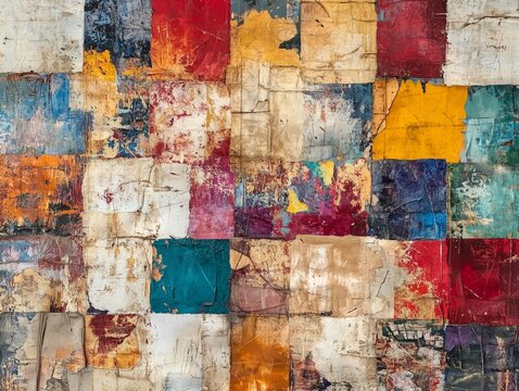 Abstract textured collage with vibrant color squares.