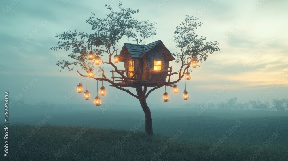 Poster Enchanting treehouse aglow with warm lanterns in tranquil twilight setting