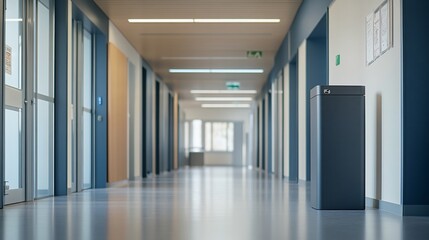 Modern hallway trash can, clean office interior
