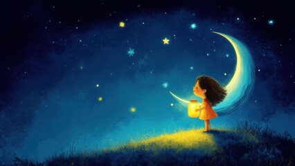 Fototapeta premium at night, under the crescent moon, a cute little girl standing on a hill