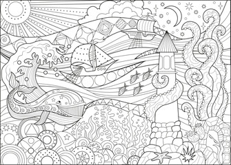 Obraz premium Line art vector illustration with whale, light house and sea life. Zentangle style art with boho patterns. Hand drawn sketch for antistress, coloring page for children and adults, decoration, cards