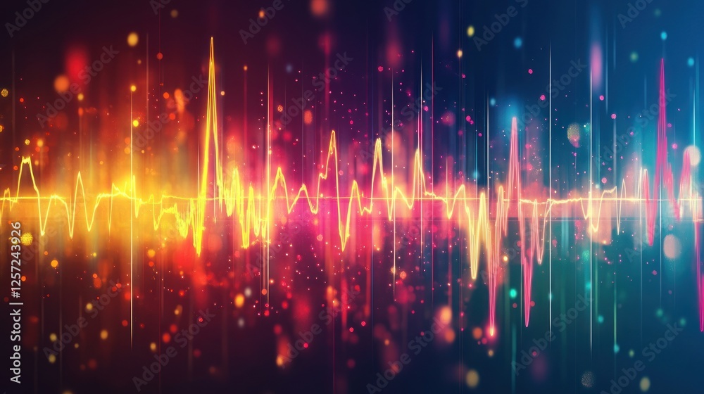 Poster vibrant equalizer line art with shimmering particles and radiant glow