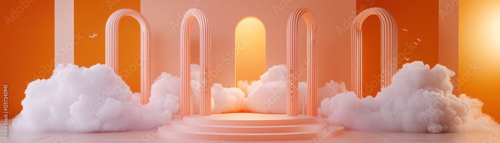 Poster dreamy orange stage with clouds and arches backdrop elements