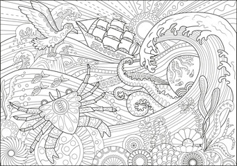 Line art vector illustration of crab, seagull and seascape. Zentangle style art with boho patterns. Hand drawn sketch for antistress, coloring page for children and adults, decoration, cards
