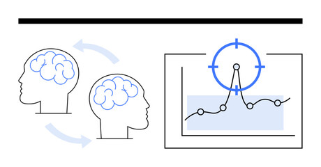 Two brains with arrows indicating collaboration, data chart with target marker highlighting insights. Ideal for teamwork, mental focus, analytics, innovation, communication, planning, abstract line