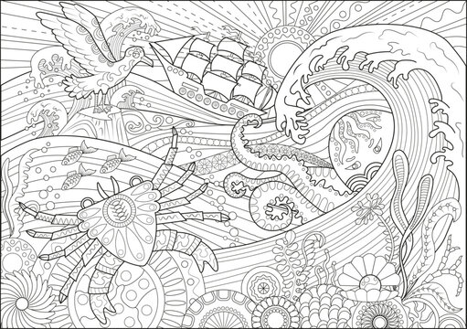 Line art vector illustration of crab, seagull and seascape. Zentangle style art with boho patterns. Hand drawn sketch for antistress, coloring page for children and adults, decoration, cards
