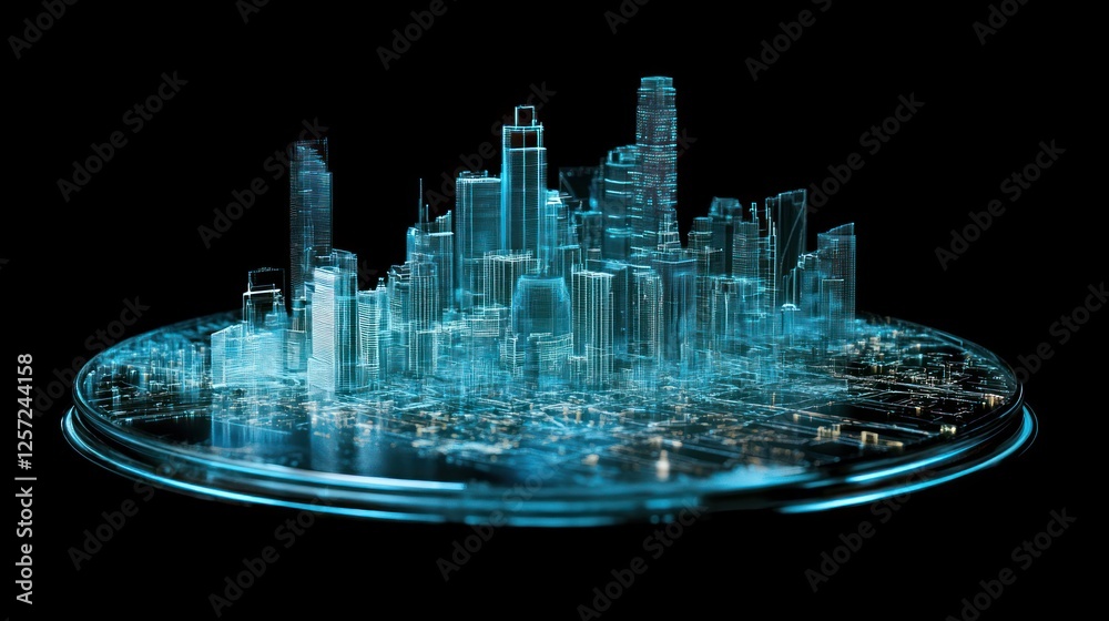 Poster digital holographic city skyline is displayed on a round platform